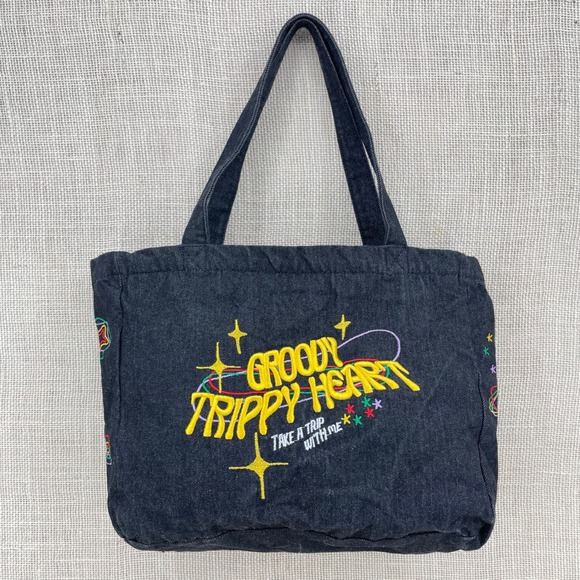 Handbags - Groovy Trippy Heart Black Denim Embroidered‎ Tote Bag Take A Trip With Me Retro